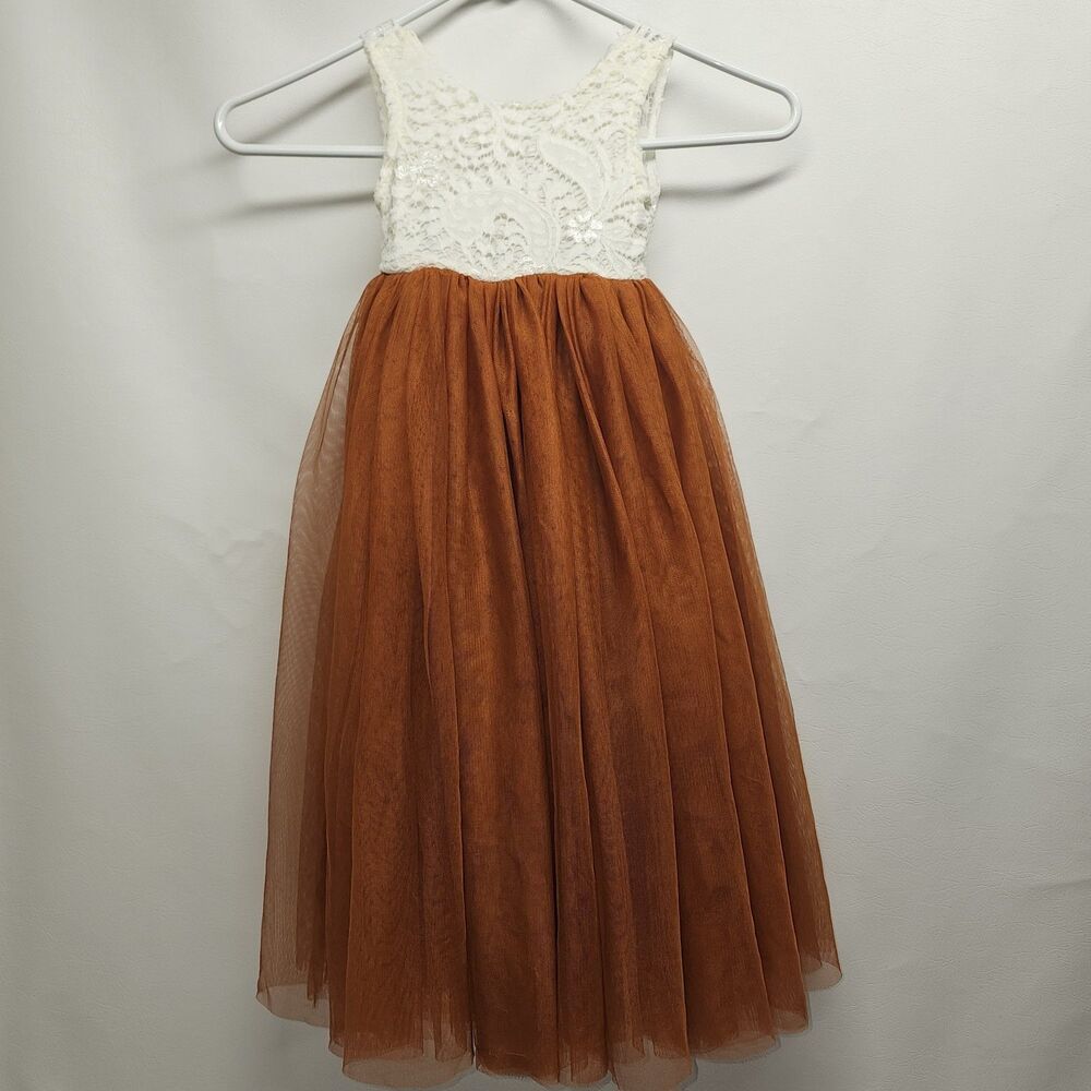 2Bunnies Baby Girl Dress 12 Months White Lace Top Brown Tulle Skirt Cotton Blend